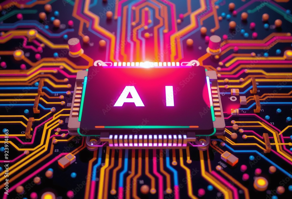 Aufkleber ai word on microchip and colorful light spread with strong beam , ai concept
