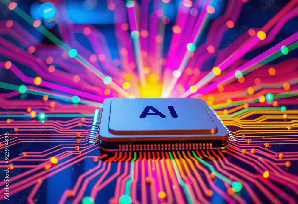 Poster AI word on microchip and colorful light spread with strong beam , AI concept