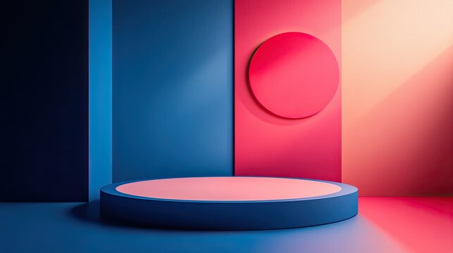 Empty podium designed with bold duo-tone colors for product exhibitions minimalistic approach with high-impact visual contrasts and clarity