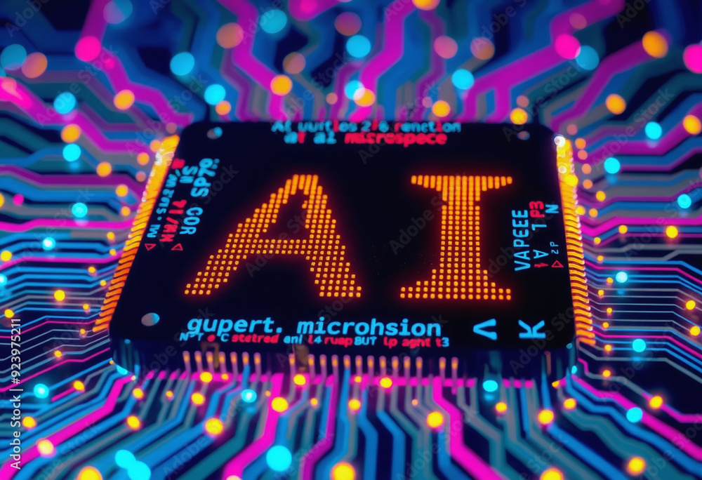 Poster ai word on microchip and colorful light spread with strong beam , ai concept