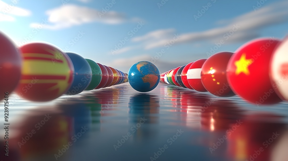 Poster tilted global scale with national flags representing economic power balance