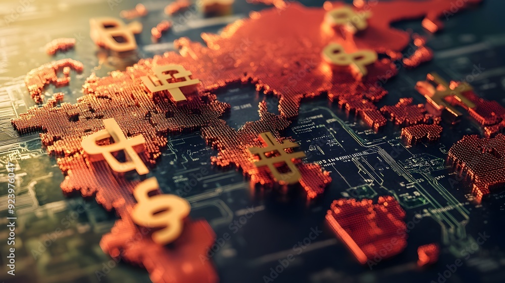 Poster towering chinese yuan symbols on global 3d world map representing trade imbalances