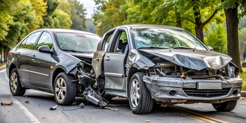 Fototapeta premium Front View of Two Cars After Crash, Damaged Vehicles, Car Accident, Road Safety, Auto Insurance