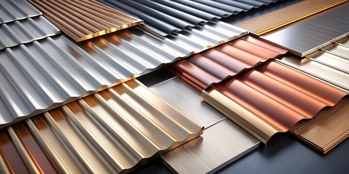 Roofing Materials Showcase: A Spectrum of Styles. A captivating image showcasing a variety of modern roofing materials in different colors, textures, and finishes. 