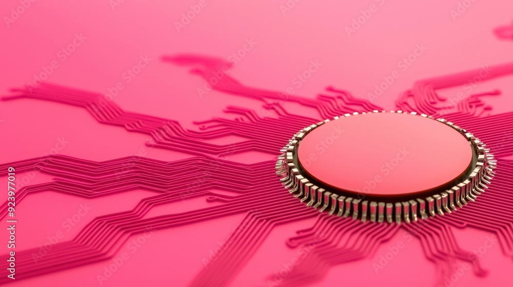 Poster close-up of a microchip on a vibrant pink background showcasing technology and innovation in electro