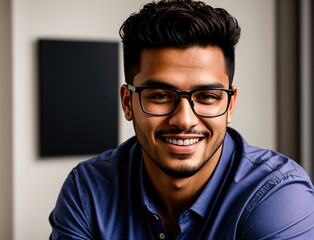 Fototapeta premium Young Man Wearing Glasses Smiling Happily in a Modern Indoor Setting