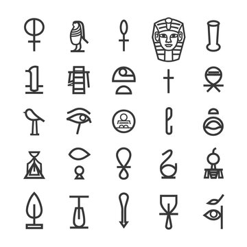 Set of Ancient Egyptian Hieroglyphs and Symbols in Black and White
