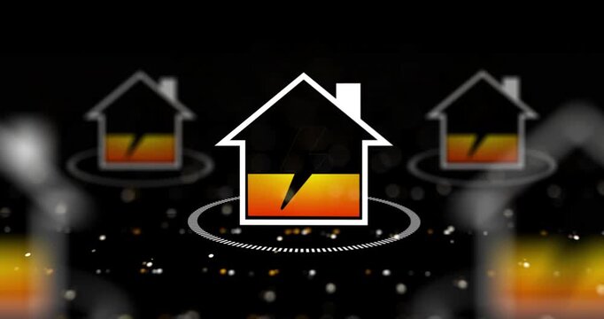Houses, electricity and power charge with battery status to on smart tech with particle. Home, storage or icon animation for energy management flow, sustainable and lightning bolt on black background
