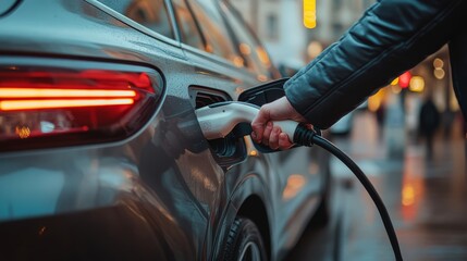 A person charges an electric vehicle in a bustling urban setting during rain
