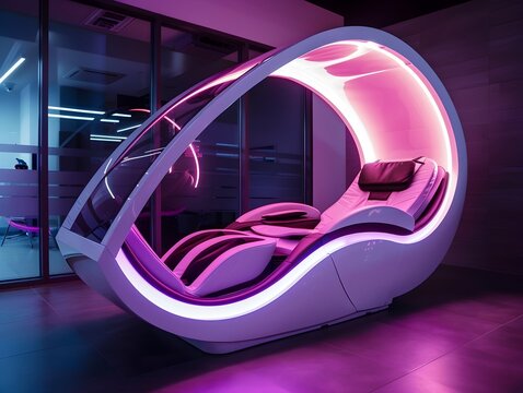 Futuristic Relaxation Pod with Neon Infused Massage and Ambient Sounds for Immersive Stress Relief