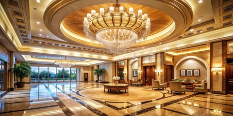 Obraz premium Grand Lobby Interior Design with Ornate Chandelier and Marble Flooring, luxury , hotel , lobby , interior