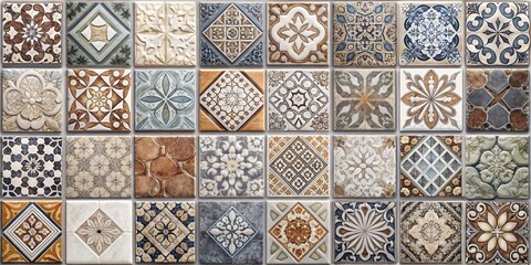 Vintage Ceramic Tile Patterns. The tiles showcase a diverse range of colors, including blues, browns, grays, and beiges.