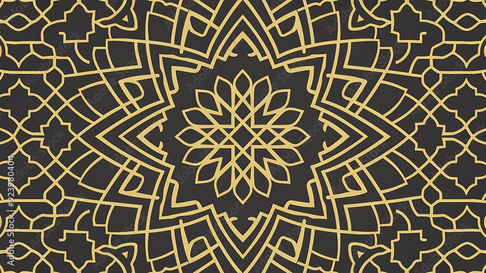 Sticker abstract background with islamic ornament, arabic geometric texture. golden lined tiled motif create