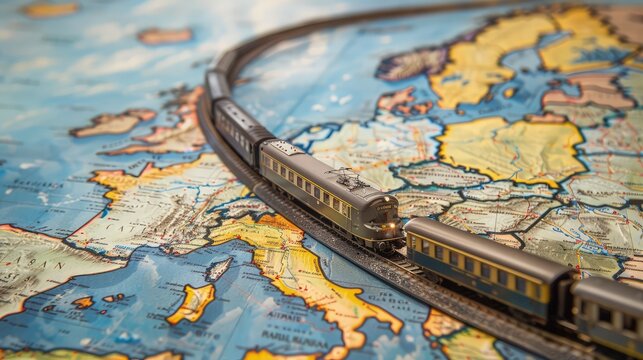 A close-up of a detailed train model traveling across a  map  , with tracks laid out between major cities, ample copy space in the sky above.