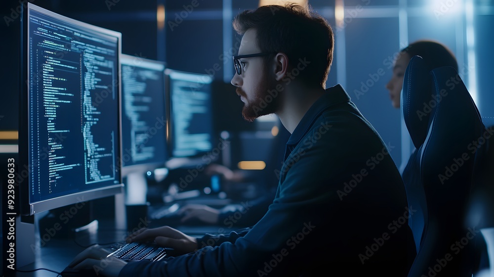 Aufkleber a young man with a beard and glasses sits at a computer typing code.