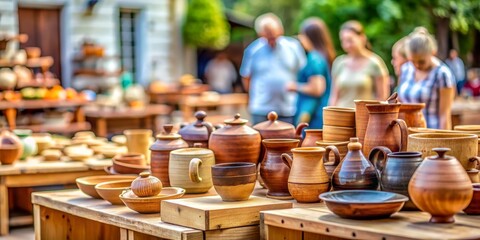 Handcrafted Pottery at an Outdoor Market, wooden table, earthenware, craft fair, festival