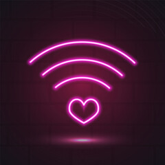 Neon pink wifi badge with a heart, love. Vector