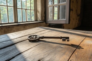 Old key on wooden table near window