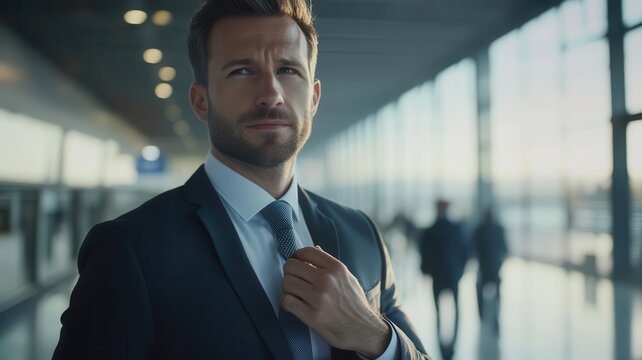 Businessman adjusting his tie while walking towards a departure gate, determination in his eyes, Businessman in airport, ready for business