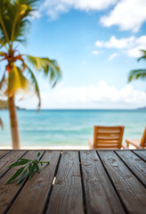Top of wood table with seascape and palm tree, blur bokeh light of calm sea and sky at tropical beach background