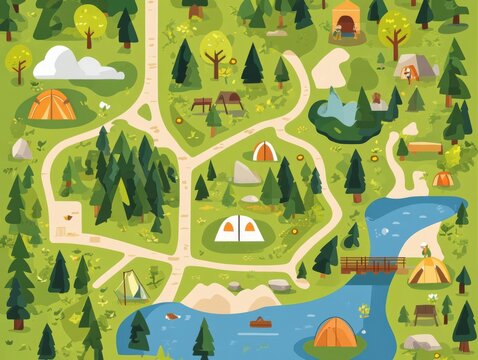 Map of a national park, campsites and trails, flat design illustration