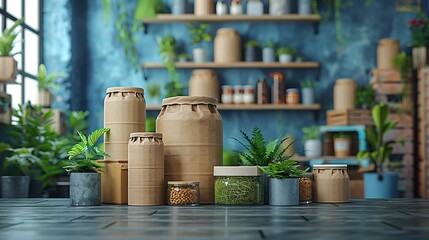 Obraz premium Versatile eco-friendly packaging concept using innovative biodegradable materials and practical stylish design elements perfect for high-quality and cost-effective solutions. high resolution
