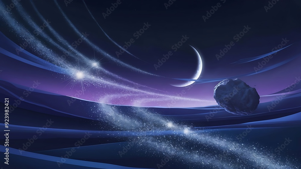 Wall mural night sky filled with a waning crescent moon, shimmering shooting stars, and a massive asteroid gracefully passing by wallpaper background created with generative ai.