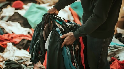 Man sorting a pile of clothes for donation in a charity drive.