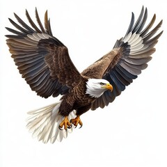 Fototapeta premium A bald eagle soaring in the sky, symbol of freedom, realistic style, detailed feathers, isolated on white background