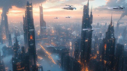 Futuristic Cityscape with Flying Cars: A city with flying cars navigating through skyscrapers.