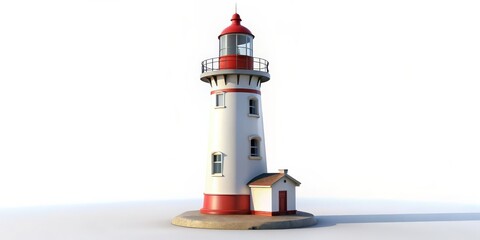 Lighthouse 3D Render - White Background, Red and White Colors, Isolated Object, Lighthouse, Sea, Ocean, Navigation
