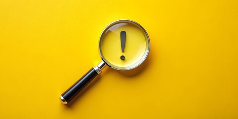 Magnifying Glass Focusing on an Exclamation Point on Yellow Background,magnifying glass, exclamation point, yellow background, attention