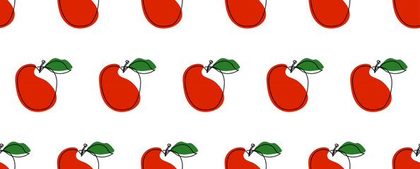 Seamless pattern with red apple icon on white background. For healthy food packaging design, fabric, cover, background. Vector graphics  