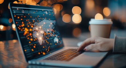 Global Data Analysis on Laptop With Coffee Cup in Modern Workspace