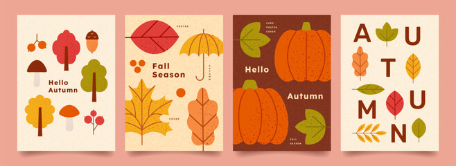 Creative concept of autumn bright poster set. Trendy design with typography, geometric fall leaves, fruits, pumpkins, berry with overlay effect. Templates for branding, ads, banner, cover, card.