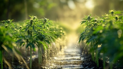 Fototapeta premium A vibrant field of cannabis plants, showing lush greenery and a mist of water droplets in the air, creating a serene and healthy growing environment