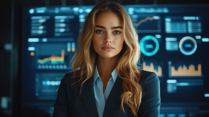 A confident businesswoman stands in front of a digital data display, showcasing advanced analytics and metrics