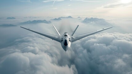 Obraz premium A white jet is flying through a cloudy sky
