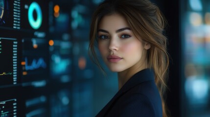 Young woman in front of a digital display screen with data charts and graphs, looking towards the camera