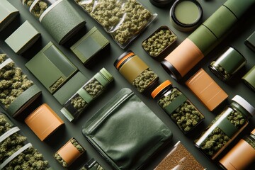 Various cannabis products and accessories including jars, pouches, and containers filled with cannabis buds displayed on a green surface