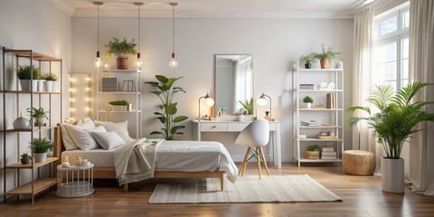 Minimalist Bedroom Interior Design with White Furniture and Greenery, Bedroom , Minimalist , Interior Design , Greenery