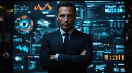 A confident businessman stands with arms crossed in front of a high-tech digital interface, exuding authority and professionalism.