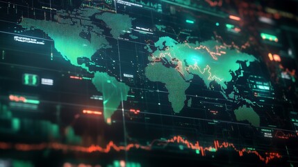 A digital world map displayed with glowing green elements, showcasing various data visualizations and digital graphs