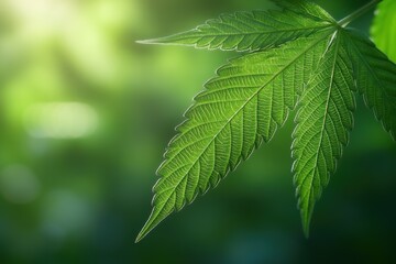 Fototapeta na wymiar A close-up of vibrant green cannabis leaves, showcasing intricate vein patterns against a softly blurred natural background, evoking a sense of freshness and tranquility