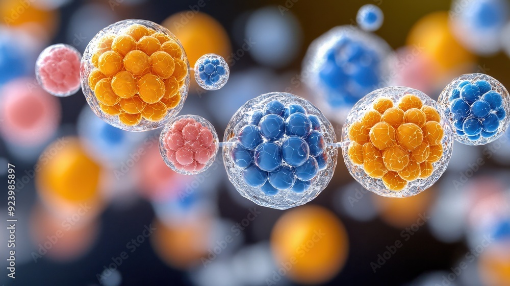 Poster colorful illustration of cells in a dynamic arrangement, showcasing cellular structures and vibrant 