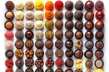 A row of assorted chocolates in different colors and flavors