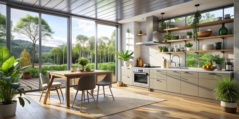 Fototapeta premium Modern Kitchen with Forest View, Open Plan, Nature Inspired, Spacious Kitchen, Wooden Floor, Green Plants, Kitchen Design