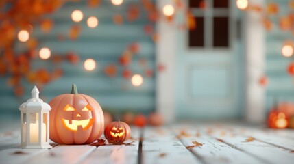 Fototapeta premium A festive Halloween scene with various pumpkins and jack-o'-lanterns arranged on a porch, creating a welcoming and eerie display for trick-or-treaters.