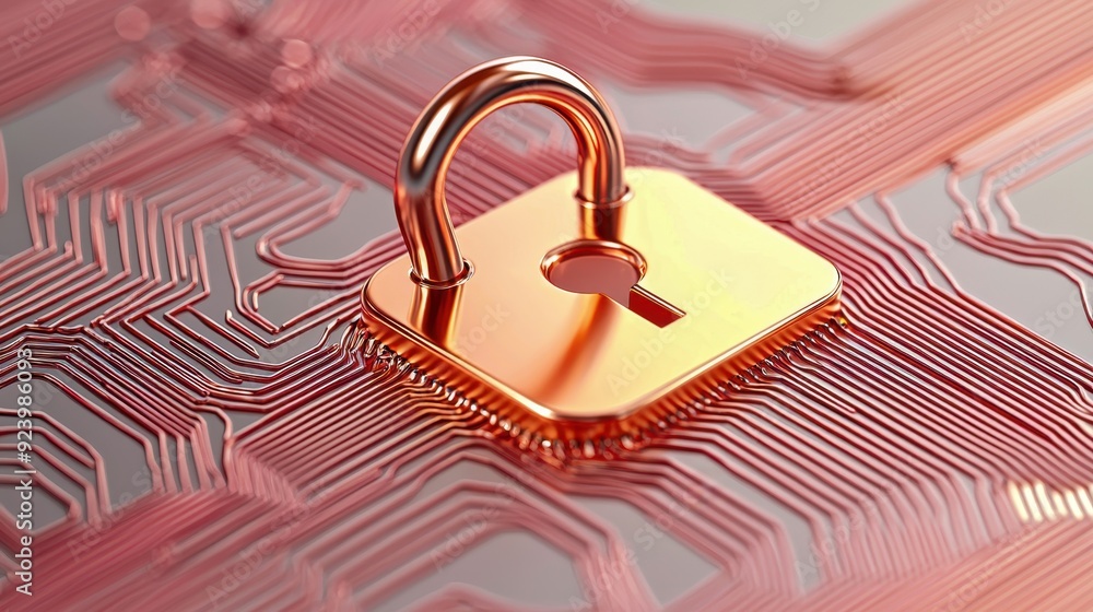 Poster a digital security lock on a circuit board, symbolizing protection and data encryption in technology