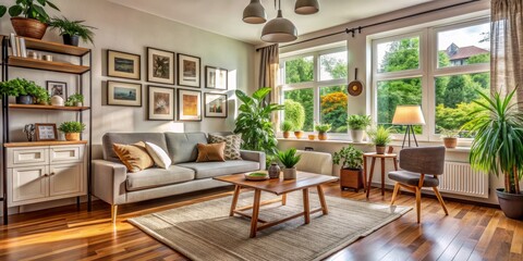 Fototapeta premium Modern Living Room with Grey Sofa and Wooden Coffee Table, Warm Sunlight Through Window, Cozy Living Space, Decorated with Plants and Artwork, living room, interior design, home decor